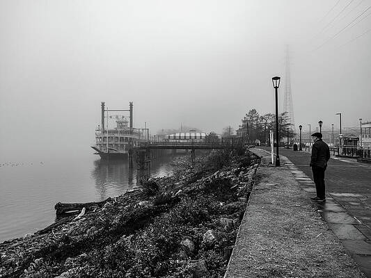 Foggy Riverbank with Steamboat Wall Art