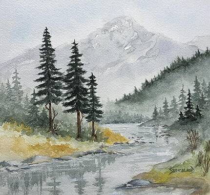 Mountain Stream with Pines Painting