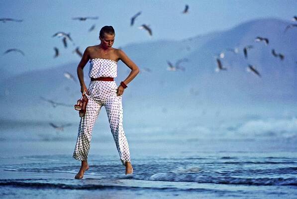 Seagull Wall Art featuring the photograph Model In A Strapless Pajama Ensemble by Jacques Malignon