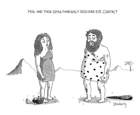 Stone Wall Art featuring the drawing Mog And Thog Simultaneously Discover Eye Contact by Avi Steinberg