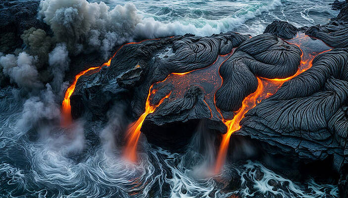 Digital Art - Molten Lava Flows Into The Ocean by The Luxury Art Collection