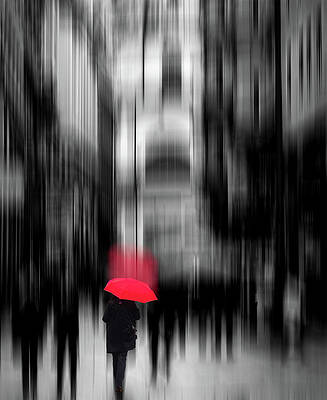 Red Umbrella in Urban Blur Wall Art