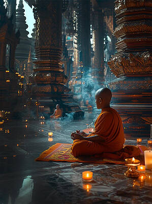 Architecture Wall Art featuring the photograph Monk Meditation In Opulent Temple by Printed View