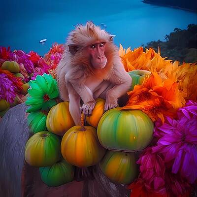 Wildlife Digital Art - Monkey With Flowers And Tropical Fruit by Andre Petrov