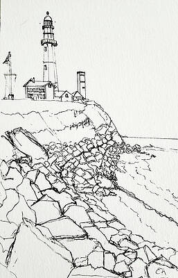 Wall Art featuring the drawing Montauk Lighthouse Full View by Eileen Kelly