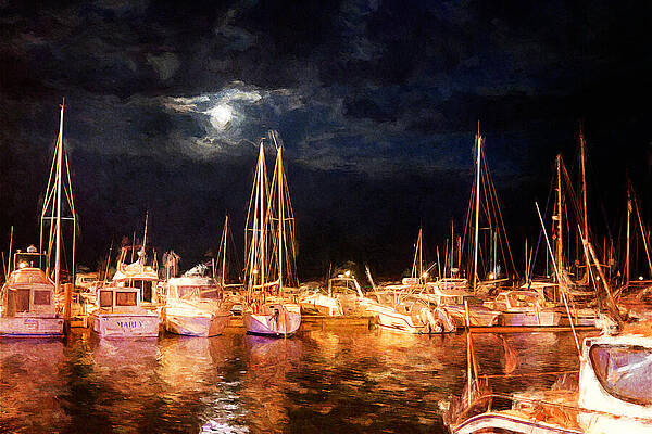 Summer Wall Art featuring the mixed media Moonlight Over The Marina by Tatiana Travelways