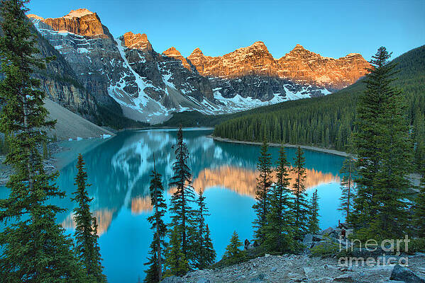 Sunrise Wall Art featuring the photograph Moraine Lake Rockpile Sunrise View by Adam Jewell