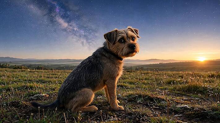 Dog Staring at Sunset Horizon Digital Art