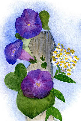 Flower Painting - Morning Glories And Asters With The Garden Post, September Birth Flowers by Elizabeth Reich