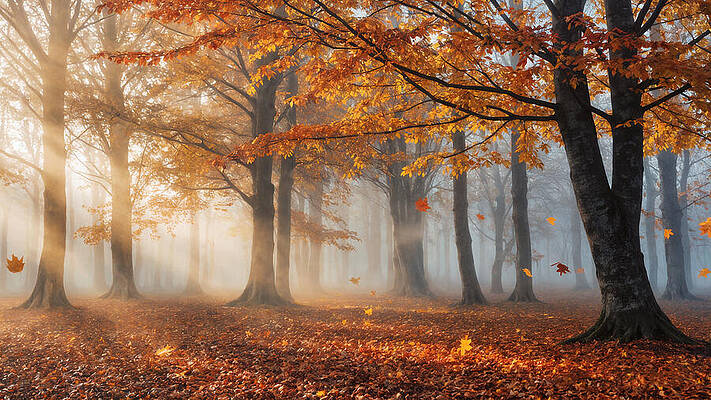 Nature Wall Art featuring the ai art Morning Light In Autumn Forest by The Luxury Art Collection