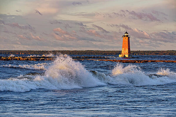 Photograph - Morning Waves At The Manistique East Breakwater Light by Michael Collins
