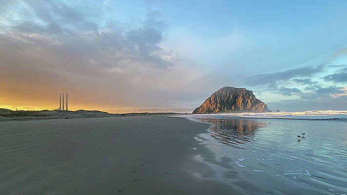 Wall Art featuring the photograph Morro Rock And Stacks At Sunrise by Matthew DeGrushe