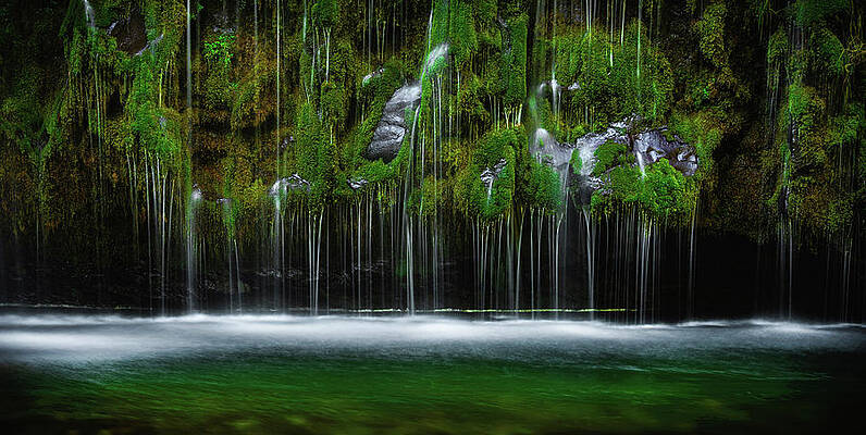 Moody Photograph - Mossbrae Falls Weeping Wall Panorama, California by Abbie Warnock