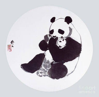 China Painting - Mother Panda Holding Baby by Wu Zuoren