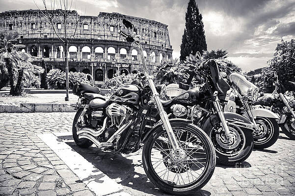 Transportation Wall Art featuring the photograph Motorcycles With The Colosseum In The Background by Stefano Senise