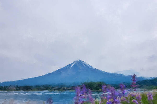 Japan Painting - Mount Fuji And Purple Flowers by Gary Arnold