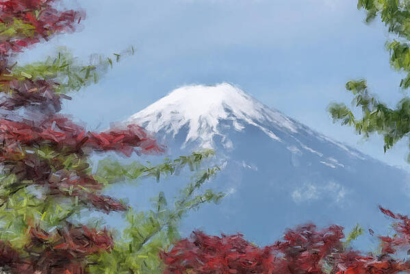 Japan Painting - Mount Fuji And Red And Green Leaves by Gary Arnold