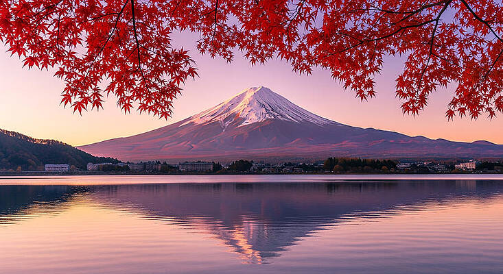 Nature Wall Art featuring the ai art Mount Fuji Framed By Autumn Leaves by The Luxury Art Collection