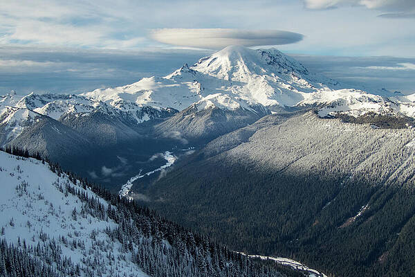 Wall Art featuring the photograph Mount Rainier With Lenticular Cloud And White River Valley by Nancy Gleason