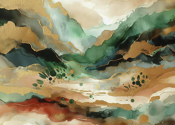 Wall Art featuring the digital art Mountain Abstract With Forest Green And Gold Highlights by Alison Frank