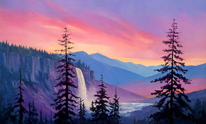 Nature Digital Art - Mountain Landscape With Pine Trees And A Waterfall, Under A Beautiful Pink And Purple Sunset Sky by Nicko Prints