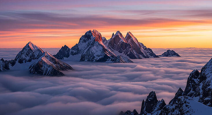 Nature Wall Art featuring the ai art Mountain Peaks Above Cloud Blanket by The Luxury Art Collection