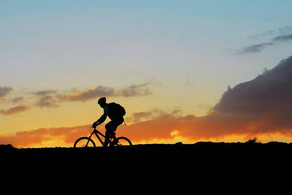 Summer Wall Art featuring the photograph Mountain Rider Biker On Sunset  Landscape by Severija Kirilovaite
