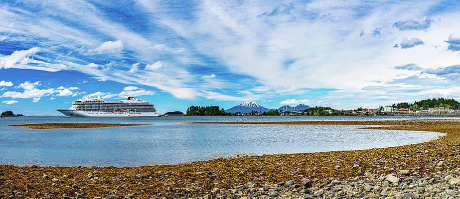 Wall Art featuring the photograph Mt Edgecumbe Rises Above Sitka With Viking Cruise Ship Anchored by Steven Heap