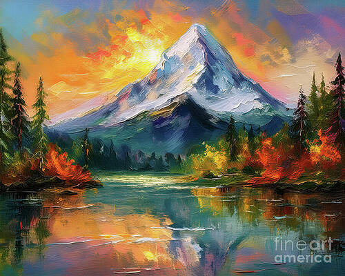 Beautiful Wall Art featuring the ai art Mt Rainier Sunset by Macro Abundance
