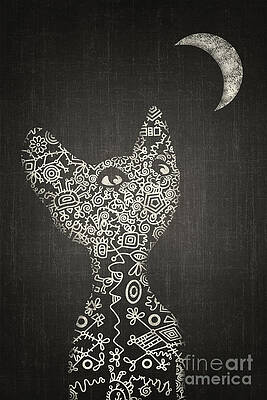 Sphynx Cat and Moon Silhouette Digital Art