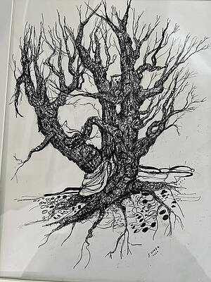 Intricate Gnarled Tree Drawing Wall Art
