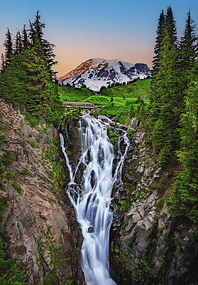 Sunset Photograph - Myrtle Falls And Mount Rainier Sunset - Vertical by Abbie Warnock