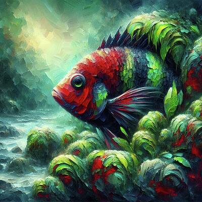 Textured Wall Art featuring the digital art Mystical Cichlid In A Green And Red Fantasy Realm by Don Northup