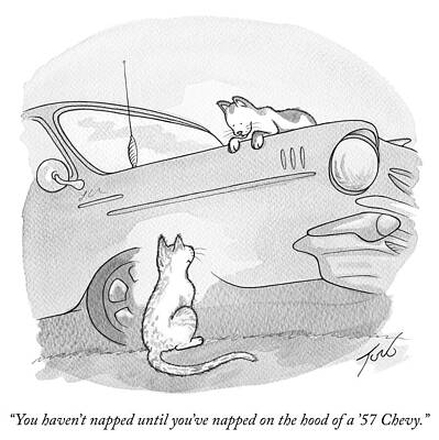 Hood Drawing - Napping On The Hood Of A '57 Chevy by Tom Toro