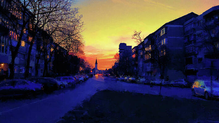 Vibrant Wall Art featuring the digital art Neighbourhood With Blocks Of Flats In The Sunset - Digital Painting In Blue And Orange by Nicko Prints