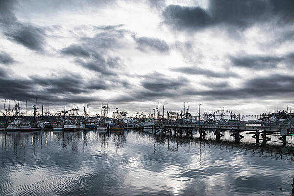 Cloudy Waterfront Marina Scene Wall Art