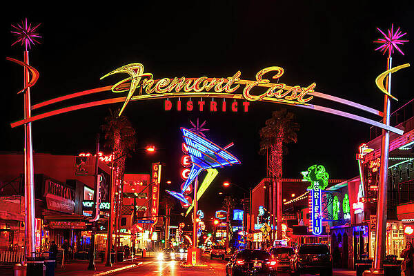 Vibrant Photograph - Night Lights On Fremont Street, Las Vegas by Tatiana Travelways