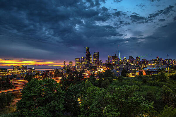 Sky Photograph - Nightfall Over Seattle Skyline With Traffic On The I-5 Freeway by Miroslav Liska