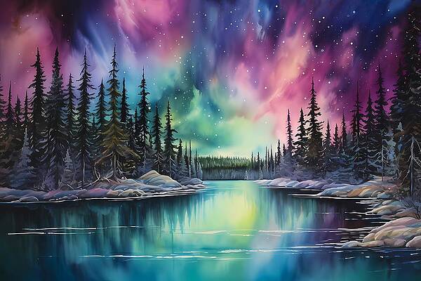Serene Digital Art - Northern Lights Reflecting On A Calm Lake No 1 by Andre Petrov