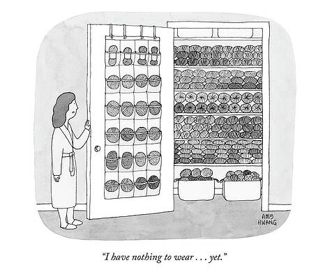 Woman Contemplates A Yarn Closet Wall Art