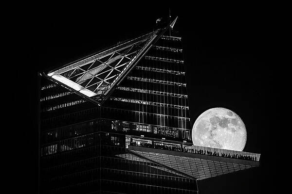 Wall Art featuring the photograph NYC Beaver Super Moon On The Edge BW by Susan Candelario