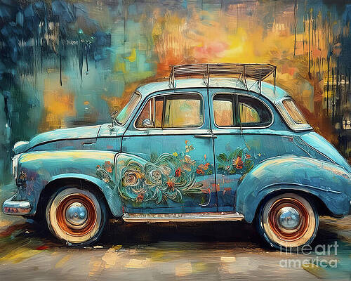 Vintage Wall Art featuring the ai art Old Blue Bug by Macro Abundance