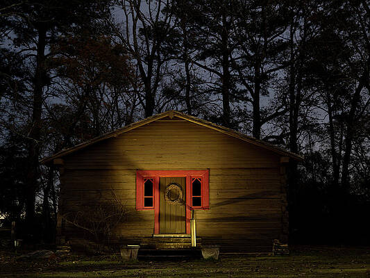 Cabin with Red Accents at Night Wall Art
