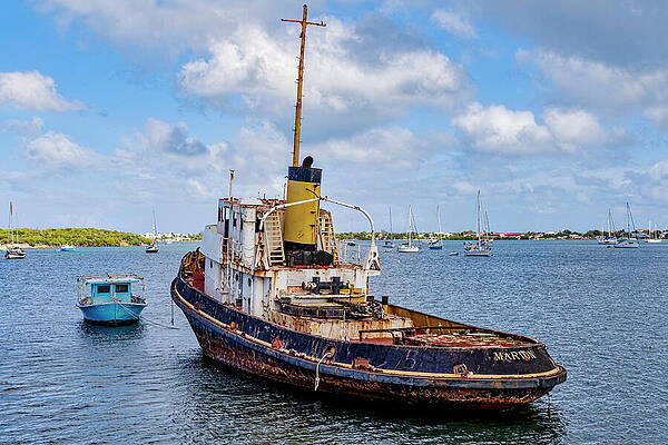 Old Rusty Tugboat in Harbor Wall Art