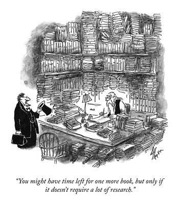 Overwhelmed Writer in Book-Filled Room Drawing