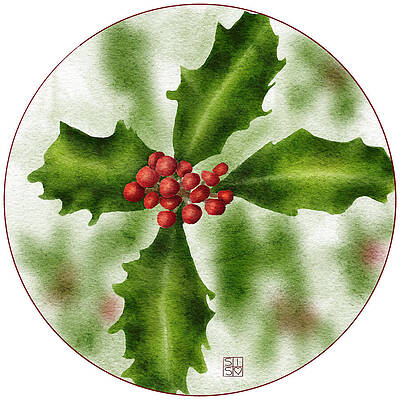Watercolor Digital Art - One-of-a-kind Digital Watercolor Art - December Holly Sprig Illustration by Snow Iris Studio