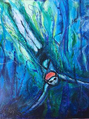Abstract Wall Art featuring the mixed media Orange Cap Dive by Mary Conner