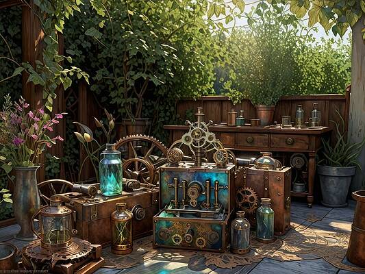 Whimsical Digital Art - Ordinary Back Yard by Eris And AI