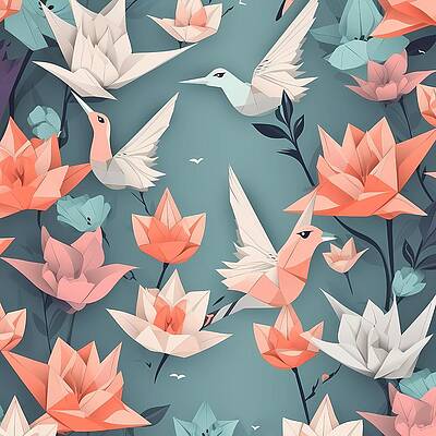 Geometric Wall Art featuring the digital art Origami Pattern With Paper Cranes And Lotus Flowers by Andre Petrov