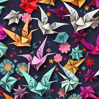 Geometric Wall Art featuring the digital art Origami Pattern With Paper Cranes And Lotus Flowers No 2 by Andre Petrov